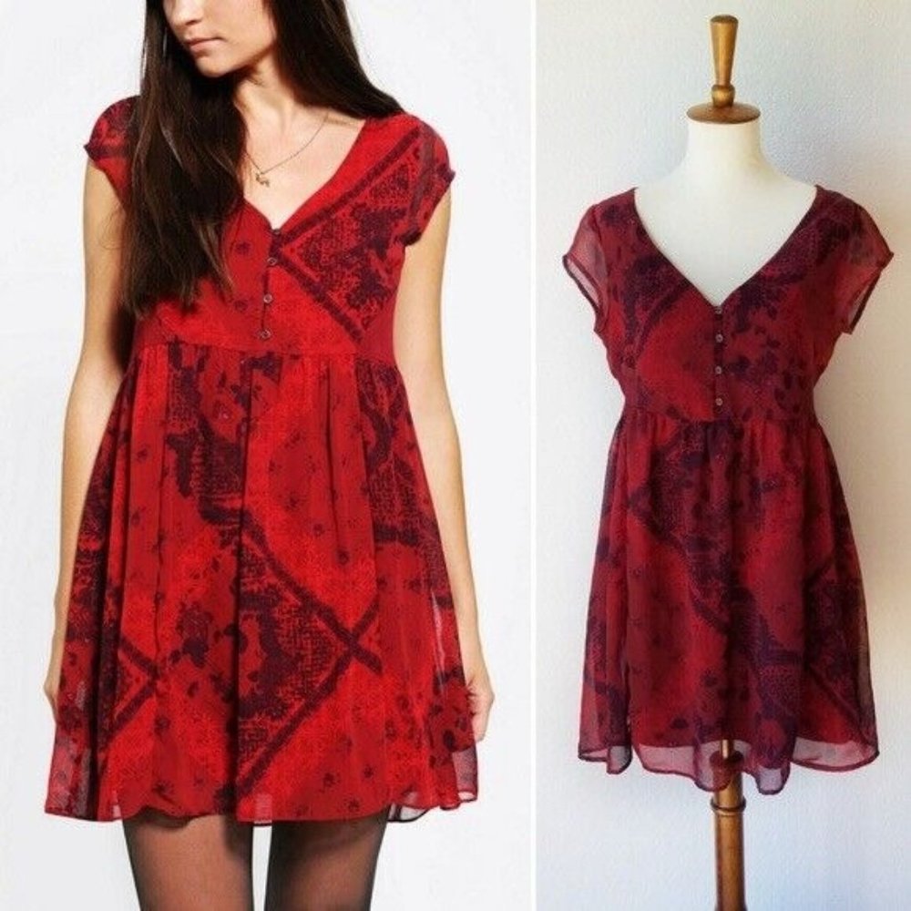 Urban Outfitters Ecote Women Boho Print Red Babydoll Dress Size M